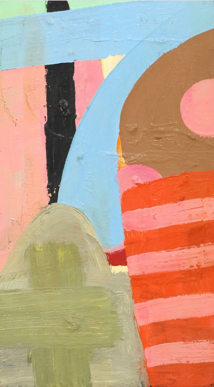 David Alysworth ‘Interfering Friends May Frown’ abstract oil painting in a brightly colored, abstract acrylic painting on canvas by depicting a landscape using thick, bold strokes of light blue, pink, orange, green, black, and brown a black wooden lacquered frame