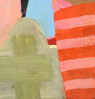 David Alysworth ‘Interfering Friends May Frown’ abstract oil painting in a brightly colored, abstract acrylic painting on canvas by depicting a landscape using thick, bold strokes of light blue, pink, orange, green, black, and brown a black wooden lacquered frame