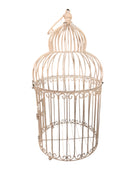 A single, white or cream-colored, decorative wrought iron bird cage with a hinged door and a hanging loop at the top. The cage has a vintage or antique style 