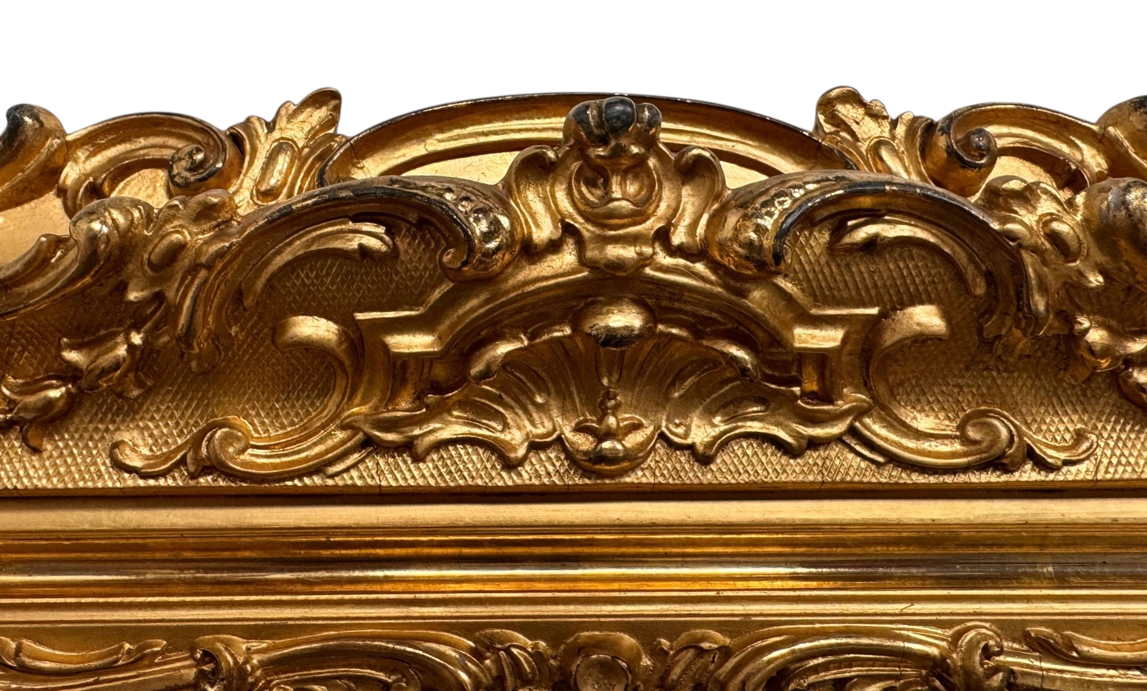 The artwork is a painting on porcelain plaque, titled "Chickens Foraging in a Barn Yard" by the American artist Paul E. Harney Jr. (1850-1915). It is housed in an ornate, gilt frame. The painting depicts a rural scene with several chickens on a grassy ground near a small structure with a thatched roof and a white picket fence in the background