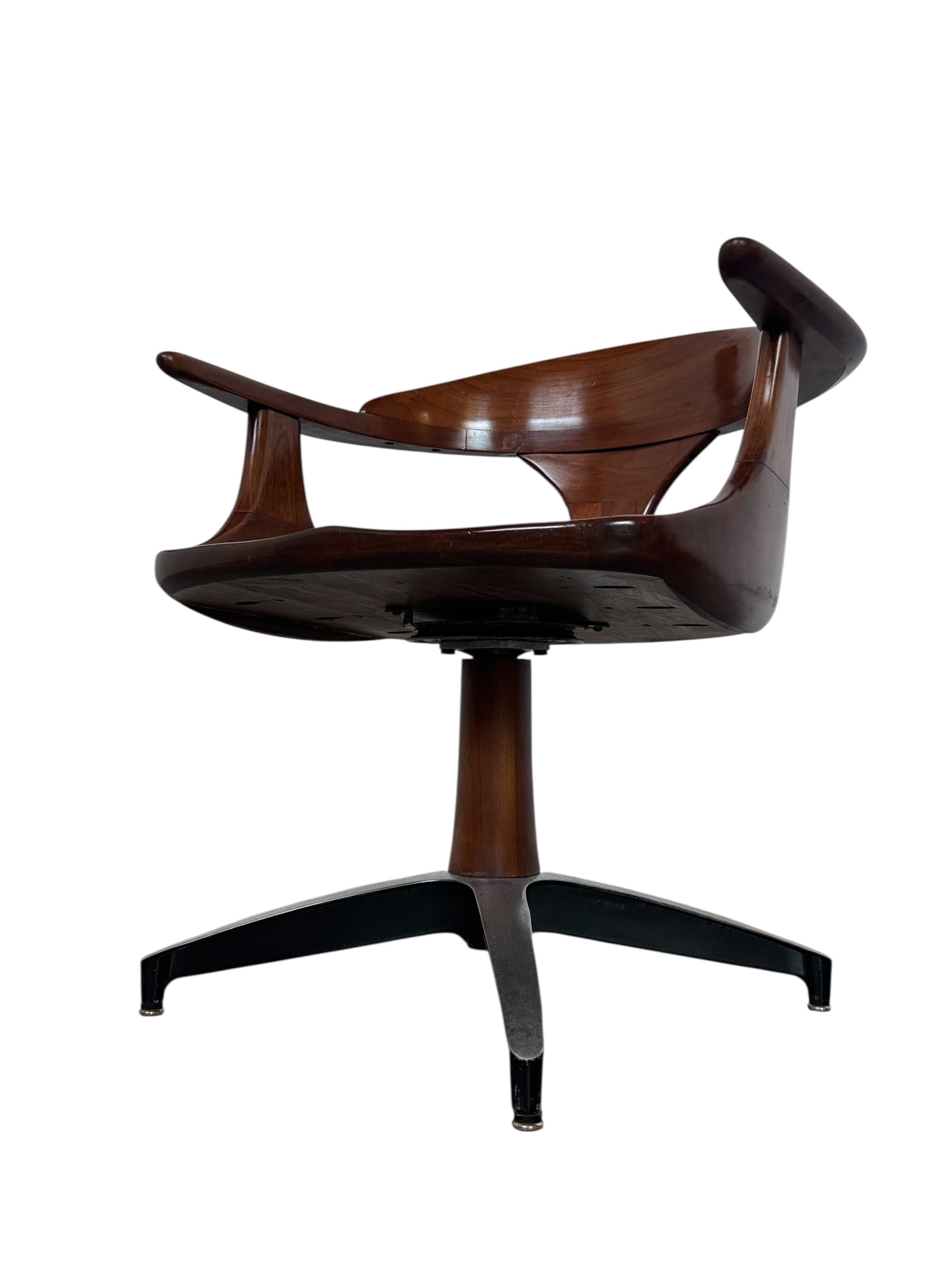 Mid-century modern Cliff House dining chair by Heywood Wakefield, cherry wood with black base.