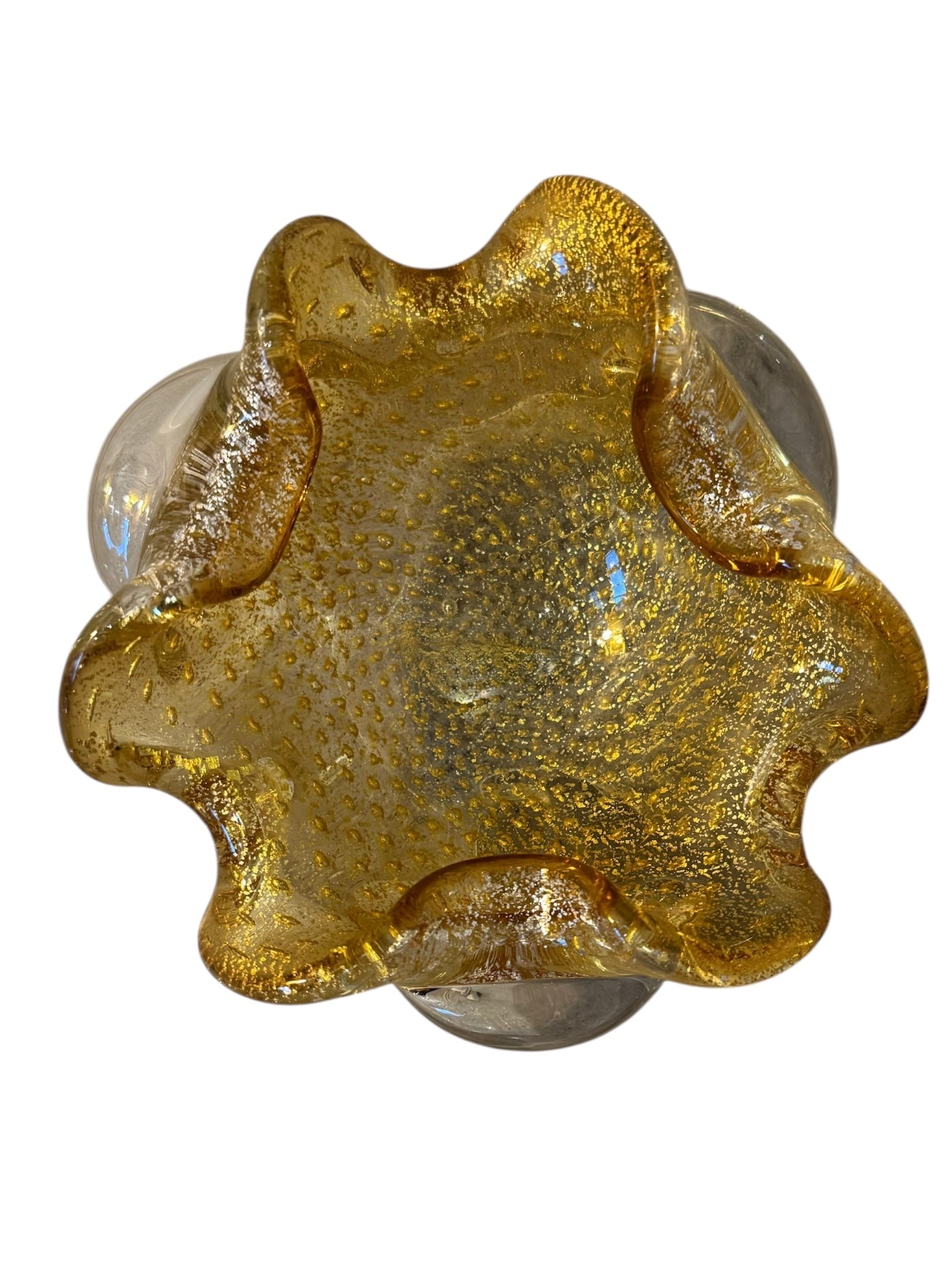 A  vintage Italian Murano glass bowl with a yellow hue, gold Aventurine inclusions, and a bubbly (Bullicante) texture. The bowl is flower-shaped with crimped edge