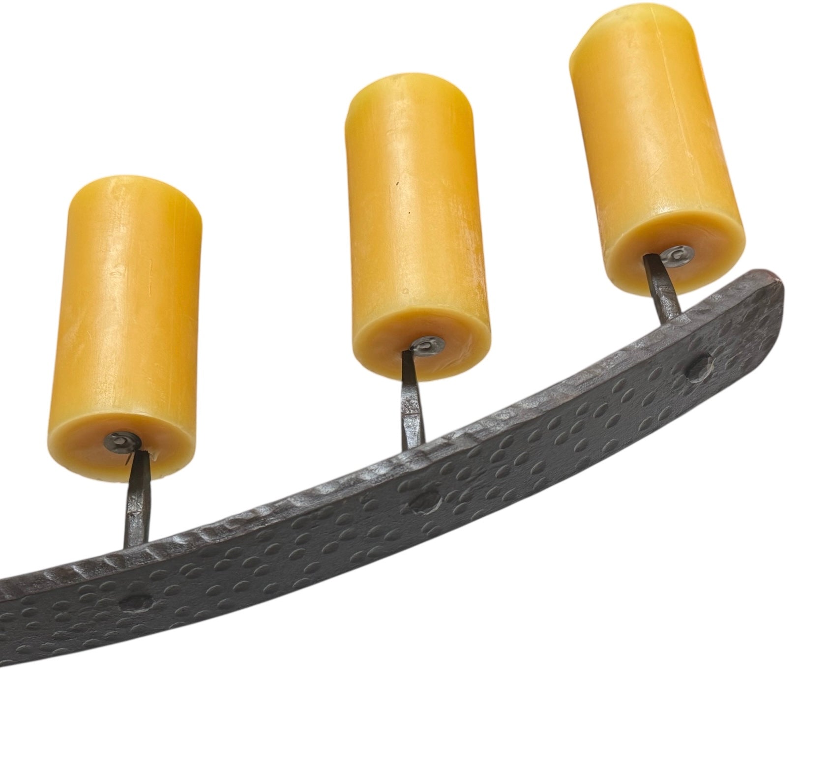  Tall, free-standing Spanish Revival wrought iron candelabra with seven candle prickets holding beeswax candles.