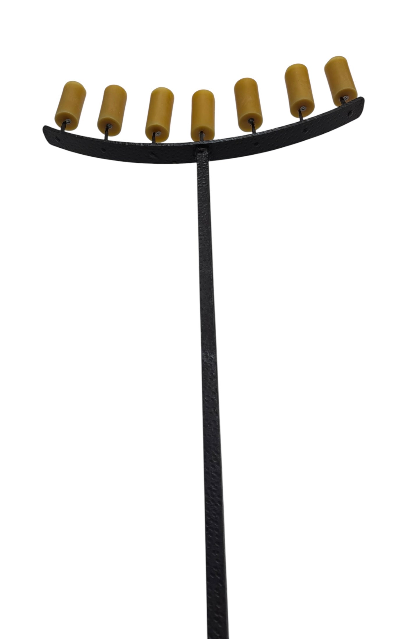  Tall, free-standing Spanish Revival wrought iron candelabra with seven candle prickets holding beeswax candles.