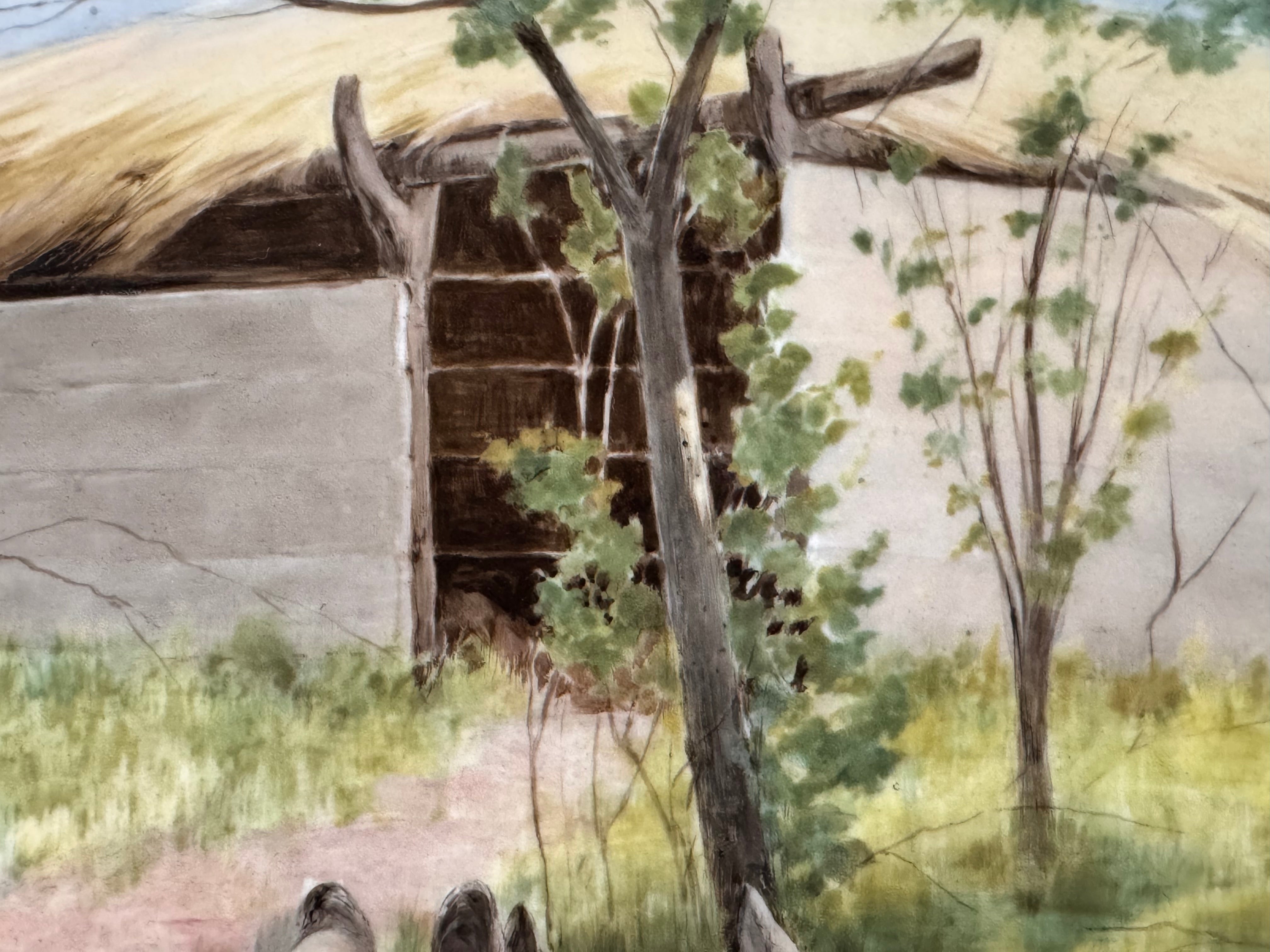 The artwork is a painting on porcelain plaque, titled "Chickens Foraging in a Barn Yard" by the American artist Paul E. Harney Jr. (1850-1915). It is housed in an ornate, gilt frame. The painting depicts a rural scene with several chickens on a grassy ground near a small structure with a thatched roof and a white picket fence in the background