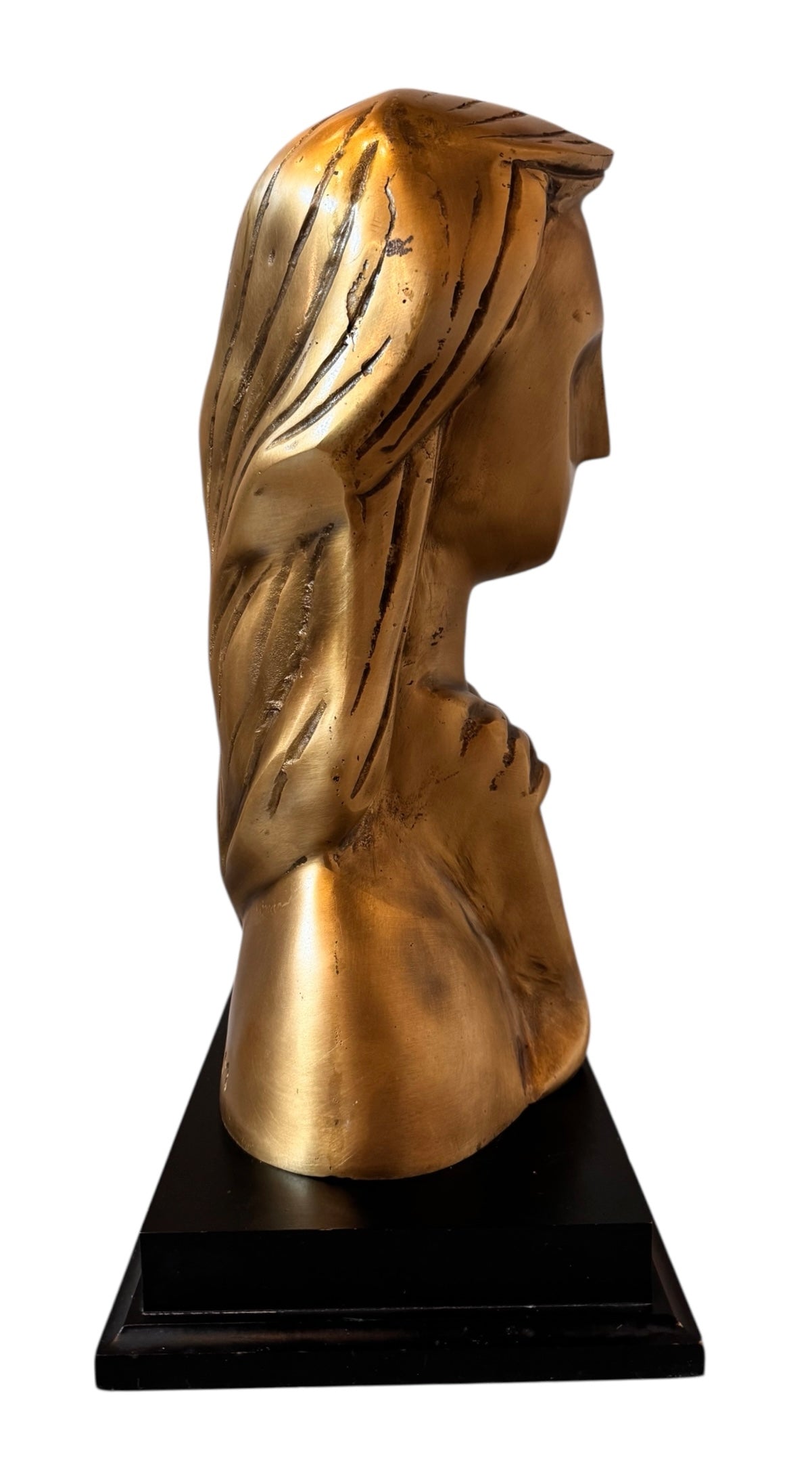 Cast bronze bust of a woman, mid-century Korean design, on a dark wood base. The figure has stylized flowing hair and no mouth.