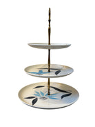 Three tier server Stetson creation, ceramic plates, brass stand, floral motifs, royal Tudor, mid-century modern, 1950s, tiered serving stand, Stetson creation