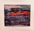 A horizontal, rectangular abstract print titled "Night Water" centered within a white mat and a thin gold frame. The artwork features dense, textured horizontal brushstrokes in deep shades of violet, indigo, and black. A prominent, gestural streak of vibrant red and a softer blush-pink band cut across the dark "water," suggesting a sunset reflection or light hitting a dark surface. The artist's signature, title, and the year 2004 are visible in pencil at the bottom.
