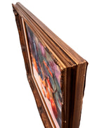 An oil painting still life featuring a copper teapot with a wooden handle, a blue glass vase, a red apple, a whole orange, and several orange slices, all arranged on a white tablecloth against a blurred purple and green background. The artist's signature "B. Willamson 2019" is visible in the bottom right corner.