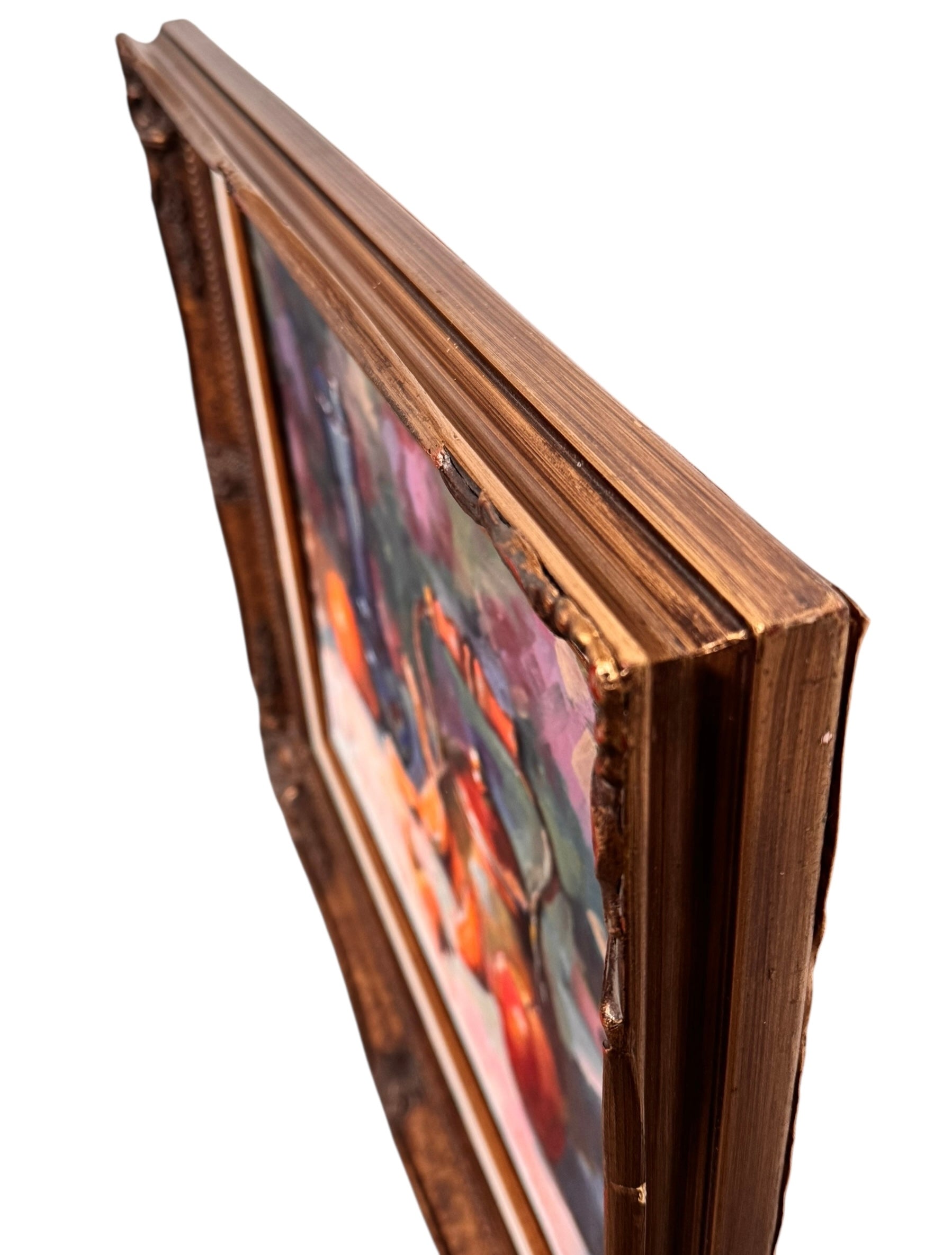 An oil painting still life featuring a copper teapot with a wooden handle, a blue glass vase, a red apple, a whole orange, and several orange slices, all arranged on a white tablecloth against a blurred purple and green background. The artist's signature "B. Willamson 2019" is visible in the bottom right corner.