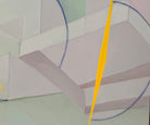An abstract, horizontally oriented geometric oil painting framed in light natural wood. The composition features a complex, cubist-like lattice of interlocking planes, sharp angles, and transparent shards rendered in a soft, muted palette of pastel greens, lavender-grays, pale blues, and subtle pinks. Intersecting this subdued background are thin, dark blue sweeping arcs that trace circular movements across the canvas. Piercing through the composition are several sharp, dynamic, bright yellow shards shaped 