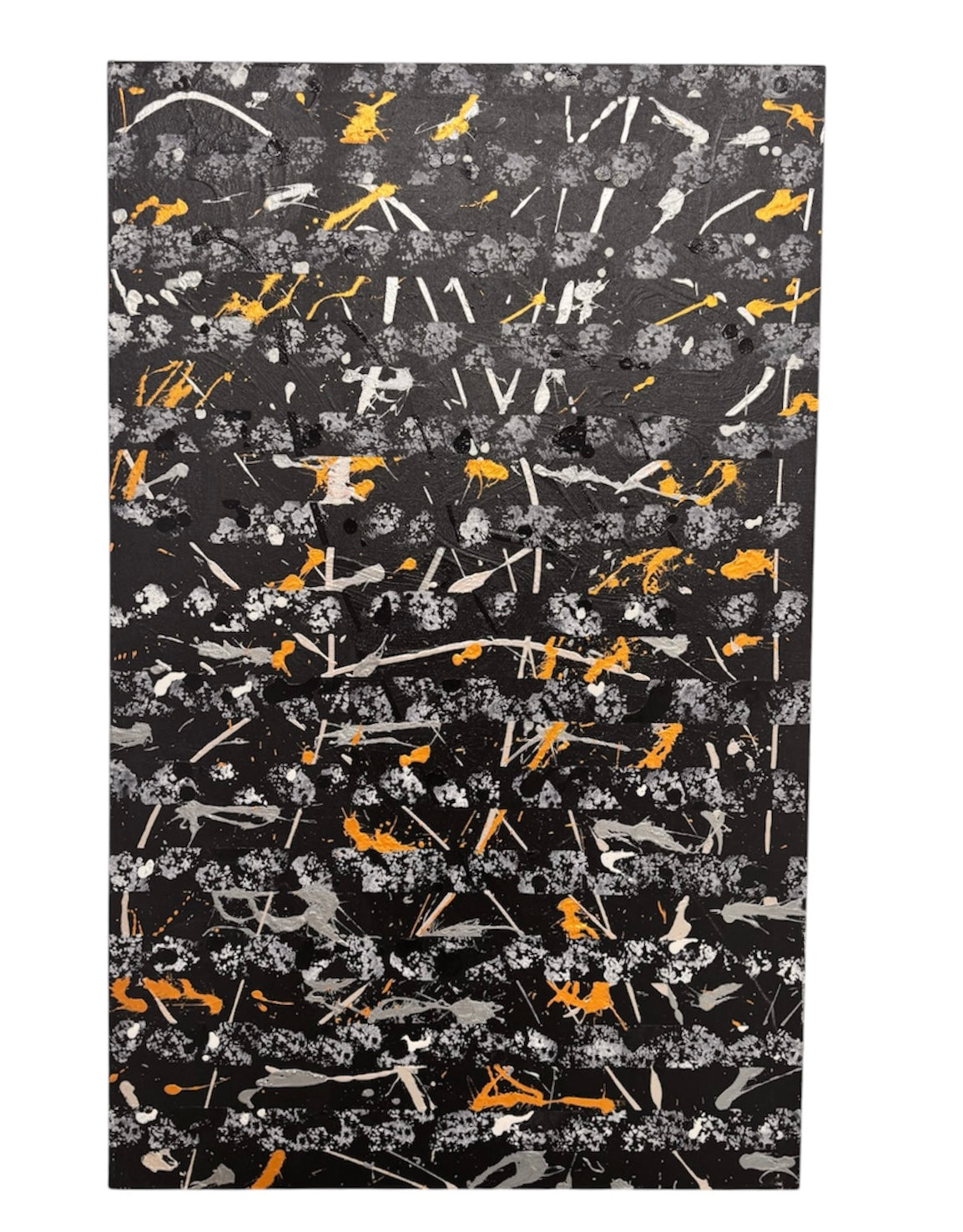 An abstract, vertical-oriented canvas painting featuring a dark background layered with highly textured, horizontal bands. The composition alternates between solid black strips and dense, speckled white-and-grey patterns that resemble static or stone texture. Splattered across the surface are energetic drips, lines, and splotches of bright yellow, stark white, and grey paint, creating a chaotic yet rhythmic sense of movement overlaying the geometric structure underneath.