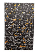 An abstract, vertical-oriented canvas painting featuring a dark background layered with highly textured, horizontal bands. The composition alternates between solid black strips and dense, speckled white-and-grey patterns that resemble static or stone texture. Splattered across the surface are energetic drips, lines, and splotches of bright yellow, stark white, and grey paint, creating a chaotic yet rhythmic sense of movement overlaying the geometric structure underneath.