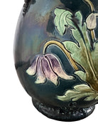 French Art Nouveau Faience Glazed Vases with flower motifs, and thorny wood handles
