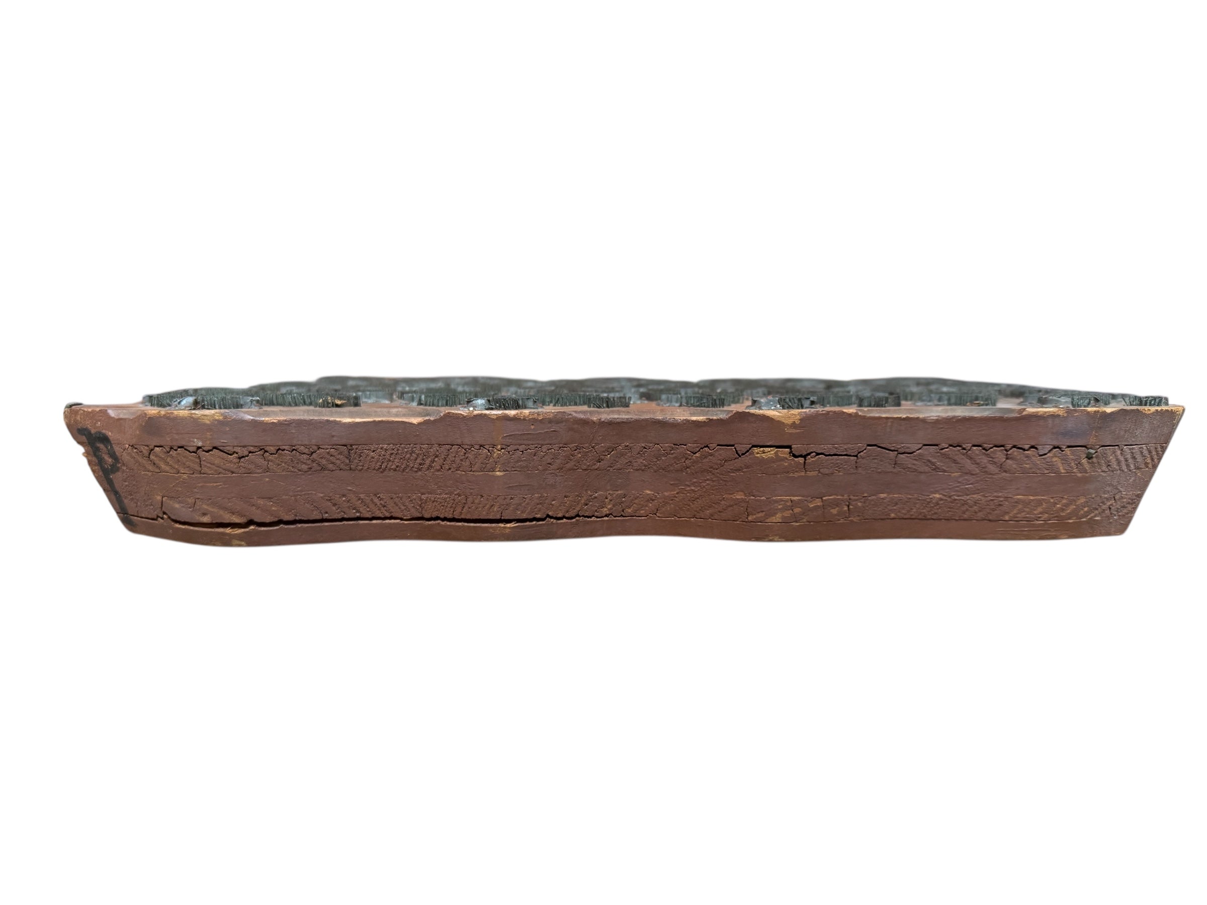 A vintage carved wooden printing block with intricate, repeating patterns, engraved with an unknown artist's signature and stamped "Made in France." The wood shows signs of age and wear, adding to its historical character