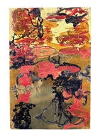 A vibrant abstract painting on a metallic gold-toned panel characterized by dense, energetic layering. The palette is dominated by saturated pinks, deep blacks, and earthy oranges.
In the upper half, horizontal strokes of orange and pink suggest a sunset or landscape, while the lower half features heavy, gestural applications of black paint that anchor the composition. Fine, white or silver linear scribbles are scratched into or layered over the pigment, adding a sense of frantic movement.