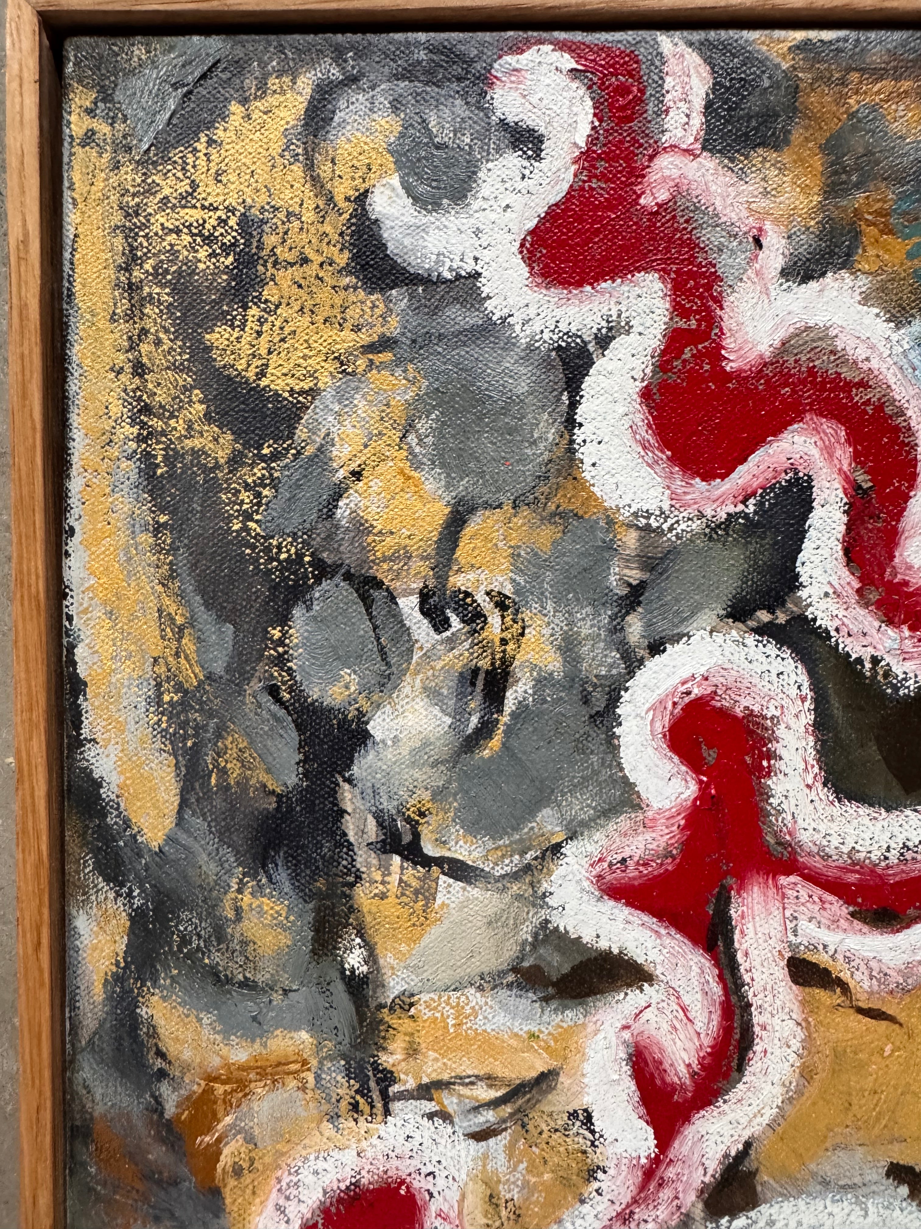 A close-up, angled view of an abstract oil painting titled 'Topography' by Robert Wymer. The painting's edge reveals thick, textured swirls of brown, gold, red, green, and white paint. It is framed in a natural light-brown teak wood frame, with a visible corner joint where two pieces of wood meet