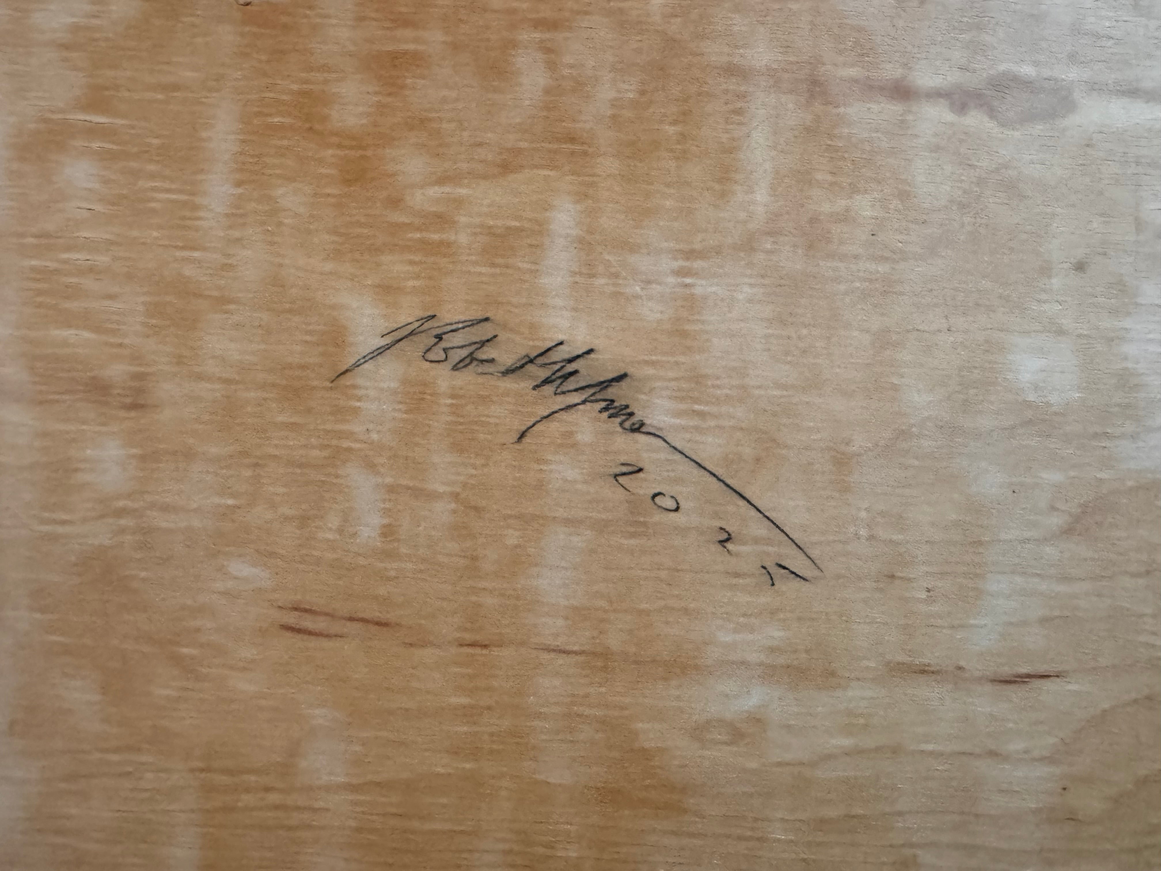 Geometric abstract painting, 'Radiating Blocks' by Robert Wymer, using warm tones of red, orange and white on mahogany plywood. The composition features layered, angular blocks and incised lines, presented in a carved mahogany frame.