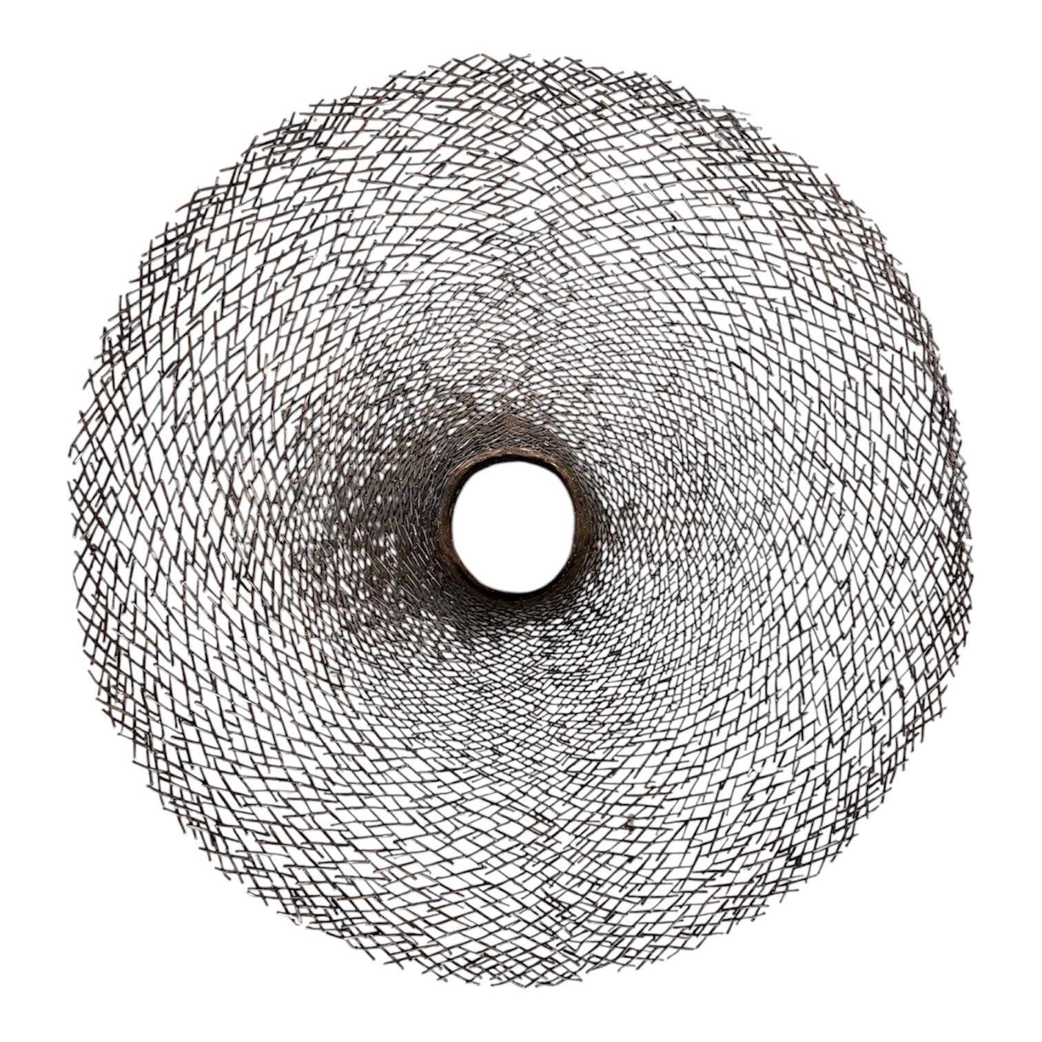 A round metal wall sculpture by Michael Aram, viewed from the front against a stark white background. The piece is composed of a dense, intricate lattice of fine, dark metal wire or twigs woven together to create a textured, web-like pattern. The structure curves inward like a funnel or a vortex, sloping down toward a clean, circular opening in the exact center, creating a strong sense of depth and dimensionality.