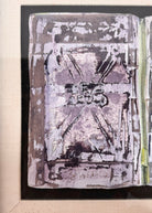 Framed mixed media artwork, 'No. 5' by Sherwin Skynear, 2000. Features abstract textured panels resembling an open book with a gray, white, and subtle colored palette.