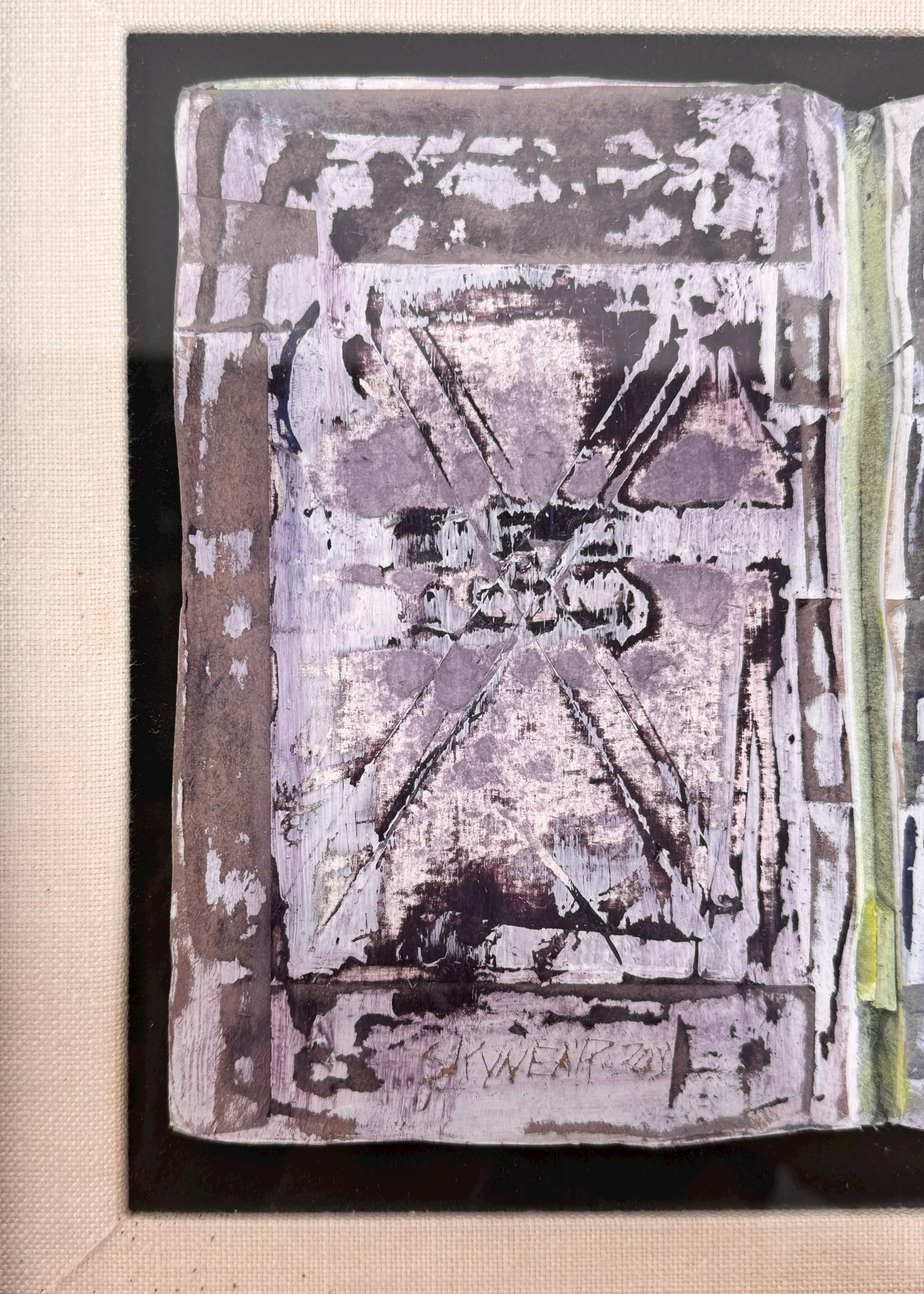 Framed mixed media artwork, 'No. 5' by Sherwin Skynear, 2000. Features abstract textured panels resembling an open book with a gray, white, and subtle colored palette.