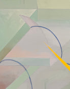 An abstract, horizontally oriented geometric oil painting framed in light natural wood. The composition features a complex, cubist-like lattice of interlocking planes, sharp angles, and transparent shards rendered in a soft, muted palette of pastel greens, lavender-grays, pale blues, and subtle pinks. Intersecting this subdued background are thin, dark blue sweeping arcs that trace circular movements across the canvas. Piercing through the composition are several sharp, dynamic, bright yellow shards shaped 