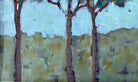 An oil painting by Laura Jacobson featuring three stylized trees with green and brown leaves in a field.