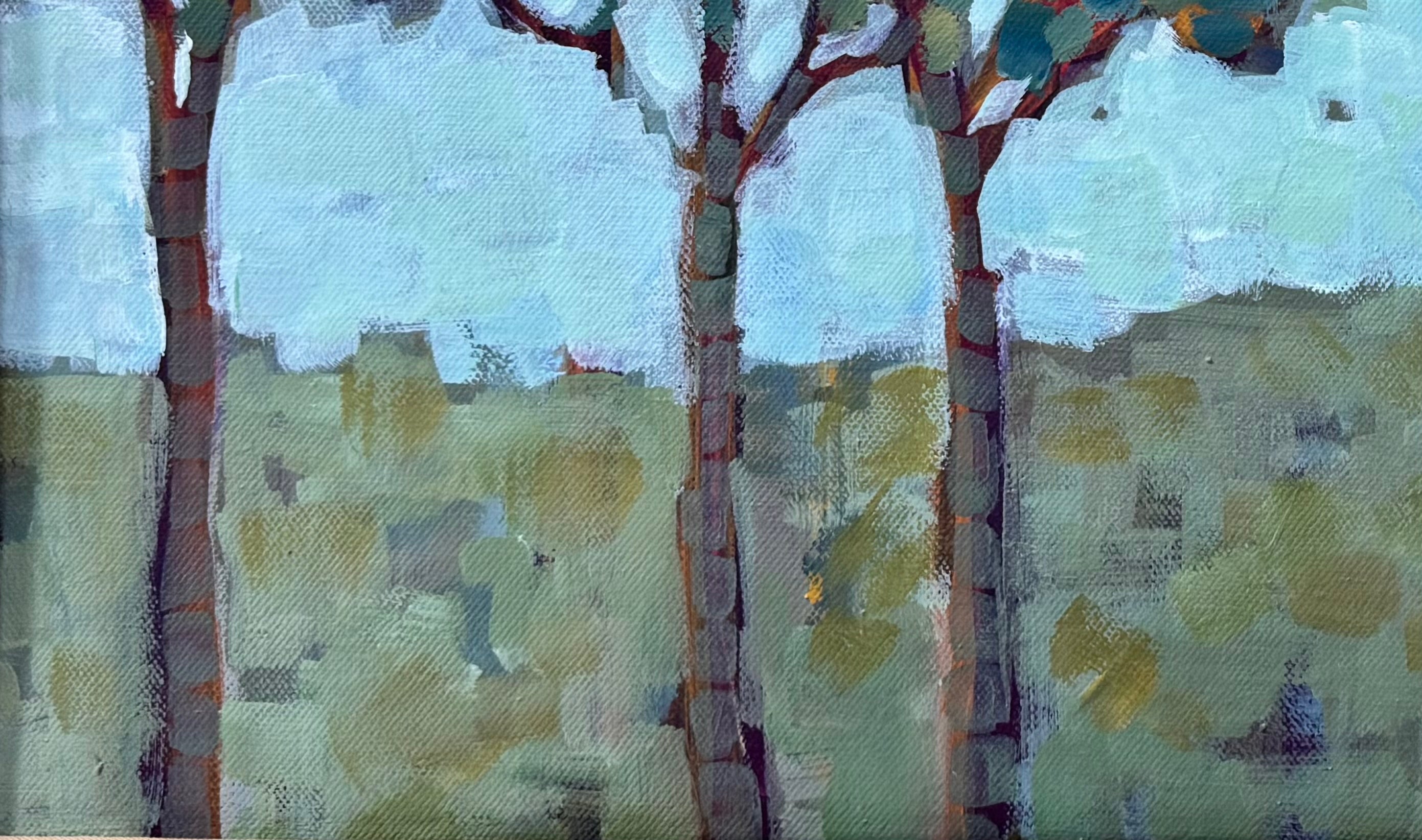 An oil painting by Laura Jacobson featuring three stylized trees with green and brown leaves in a field.