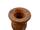 An elegant, hand-carved decorative vase made of polished Pakistani brown onyx. The vase features a classic, rounded urn shape with a tiered, flared neck and a solid matching spherical stone stopper resting on top. The stone displays rich, natural horizontal banding and swirling patterns in shades of honey, deep amber, rust-red, and cream. It stands on a small, integrated pedestal base against a clean white background, reflecting a high-gloss, mirror-like finish.