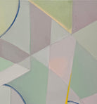 An abstract, horizontally oriented geometric oil painting framed in light natural wood. The composition features a complex, cubist-like lattice of interlocking planes, sharp angles, and transparent shards rendered in a soft, muted palette of pastel greens, lavender-grays, pale blues, and subtle pinks. Intersecting this subdued background are thin, dark blue sweeping arcs that trace circular movements across the canvas. Piercing through the composition are several sharp, dynamic, bright yellow shards shaped 