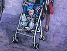 Painting by Evelyn Borchard Metzger, 'School Class, Central Park (Looking Back),' depicting an urban scene with figures and a stroller, rendered in a colorful, impressionistic style.