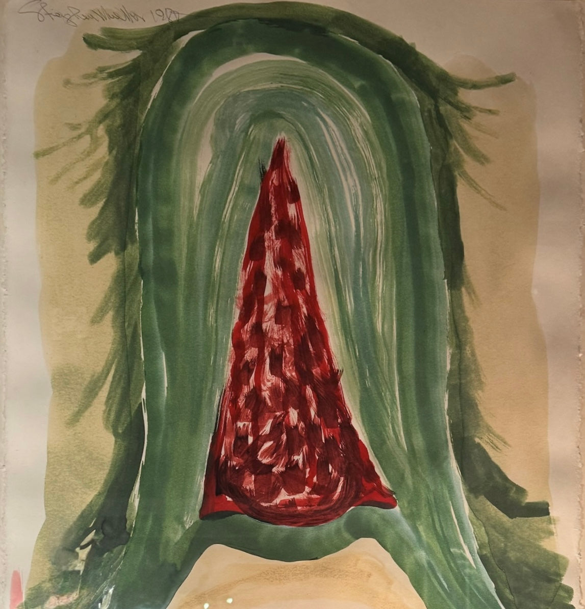 An abstract watercolor painting featuring a central red conical shape framed by large green arches, with a horizontal red wash at the bottom.