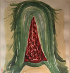 An abstract watercolor painting featuring a central red conical shape framed by large green arches, with a horizontal red wash at the bottom.