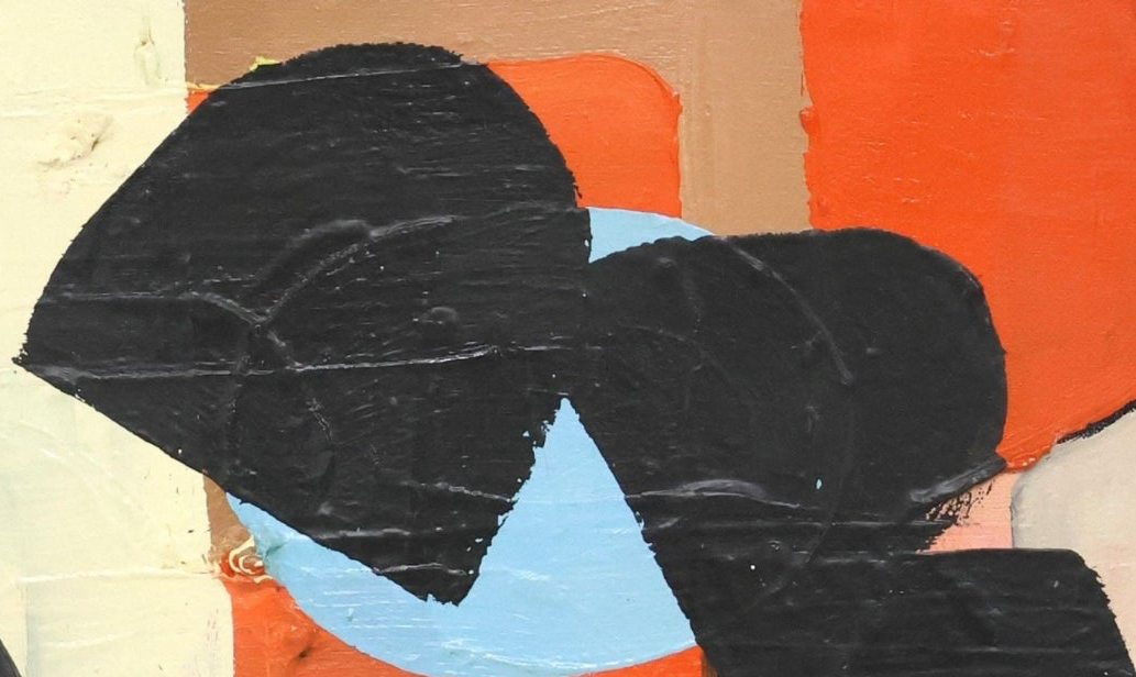 An abstract oil painting titled "Blue Danube Blues" by David Alysworth, featuring large black organic shapes layered over a background of light blue, cream, orange, and brown rectangular and circular forms with a black wooden lacquered frame.