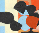 An abstract oil painting titled "Blue Danube Blues" by David Alysworth, featuring large black organic shapes layered over a background of light blue, cream, orange, and brown rectangular and circular forms with a black wooden lacquered frame.