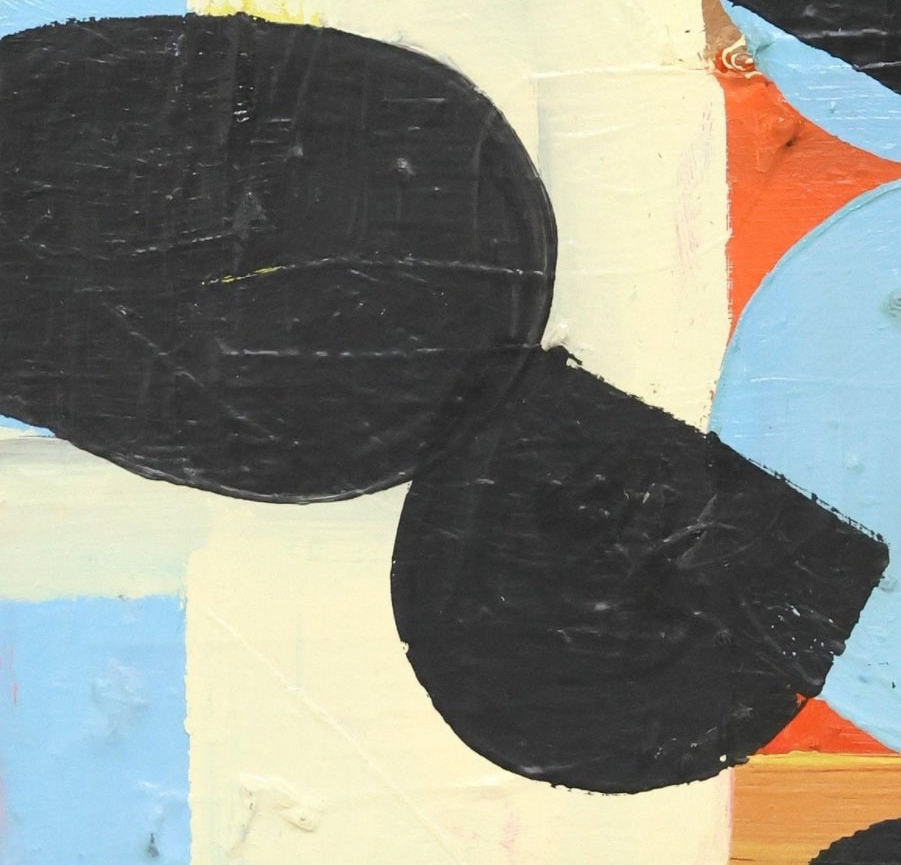 An abstract oil painting titled "Blue Danube Blues" by David Alysworth, featuring large black organic shapes layered over a background of light blue, cream, orange, and brown rectangular and circular forms with a black wooden lacquered frame.