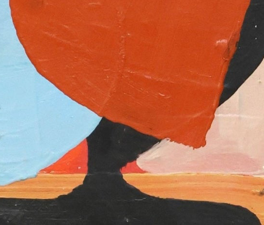 An abstract oil painting titled "Blue Danube Blues" by David Alysworth, featuring large black organic shapes layered over a background of light blue, cream, orange, and brown rectangular and circular forms with a black wooden lacquered frame.