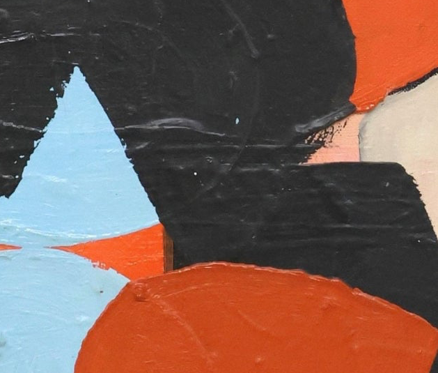 An abstract oil painting titled "Blue Danube Blues" by David Alysworth, featuring large black organic shapes layered over a background of light blue, cream, orange, and brown rectangular and circular forms with a black wooden lacquered frame.