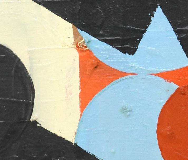 An abstract oil painting titled "Blue Danube Blues" by David Alysworth, featuring large black organic shapes layered over a background of light blue, cream, orange, and brown rectangular and circular forms with a black wooden lacquered frame.