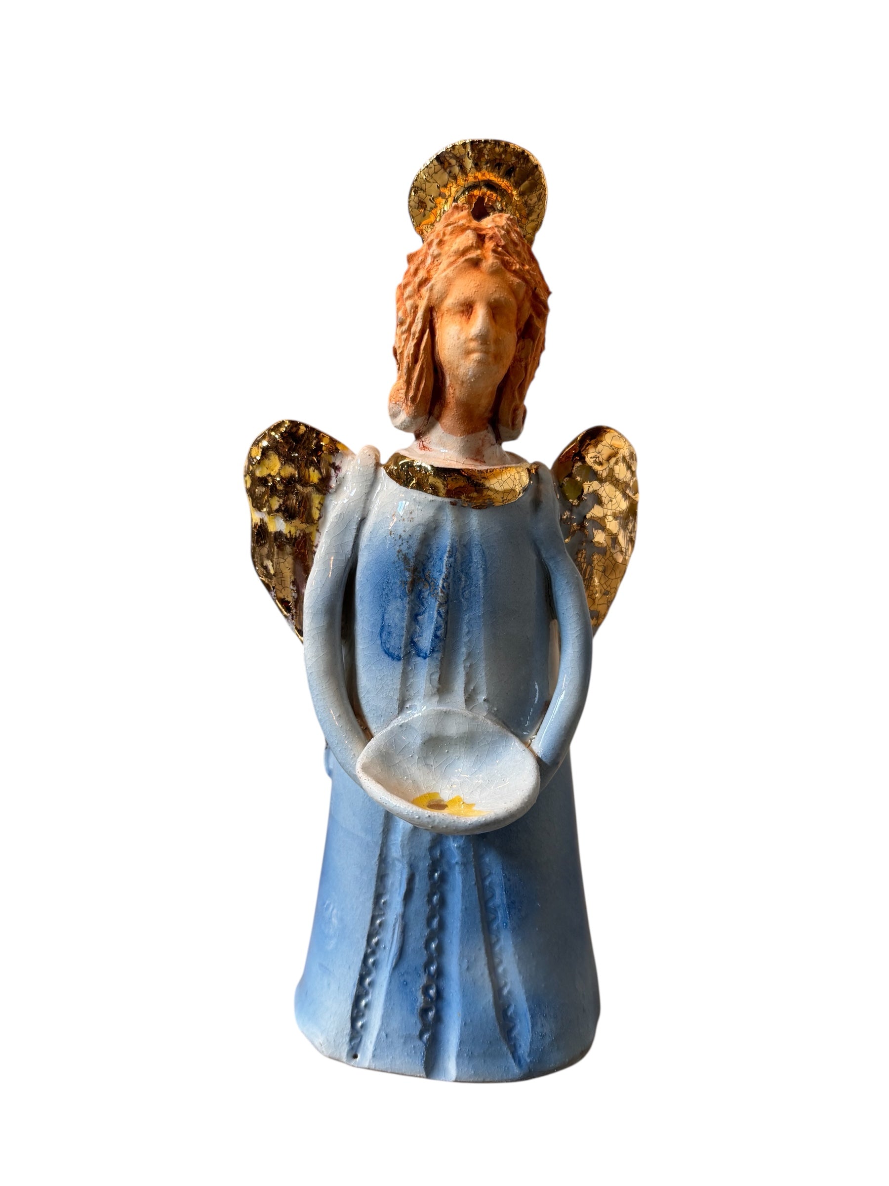 Angeli by Dominico Pinto, Angels, Sculptures, Table top ornaments, Gold accents, blue and white, geometric quilting, ceramic, folk art