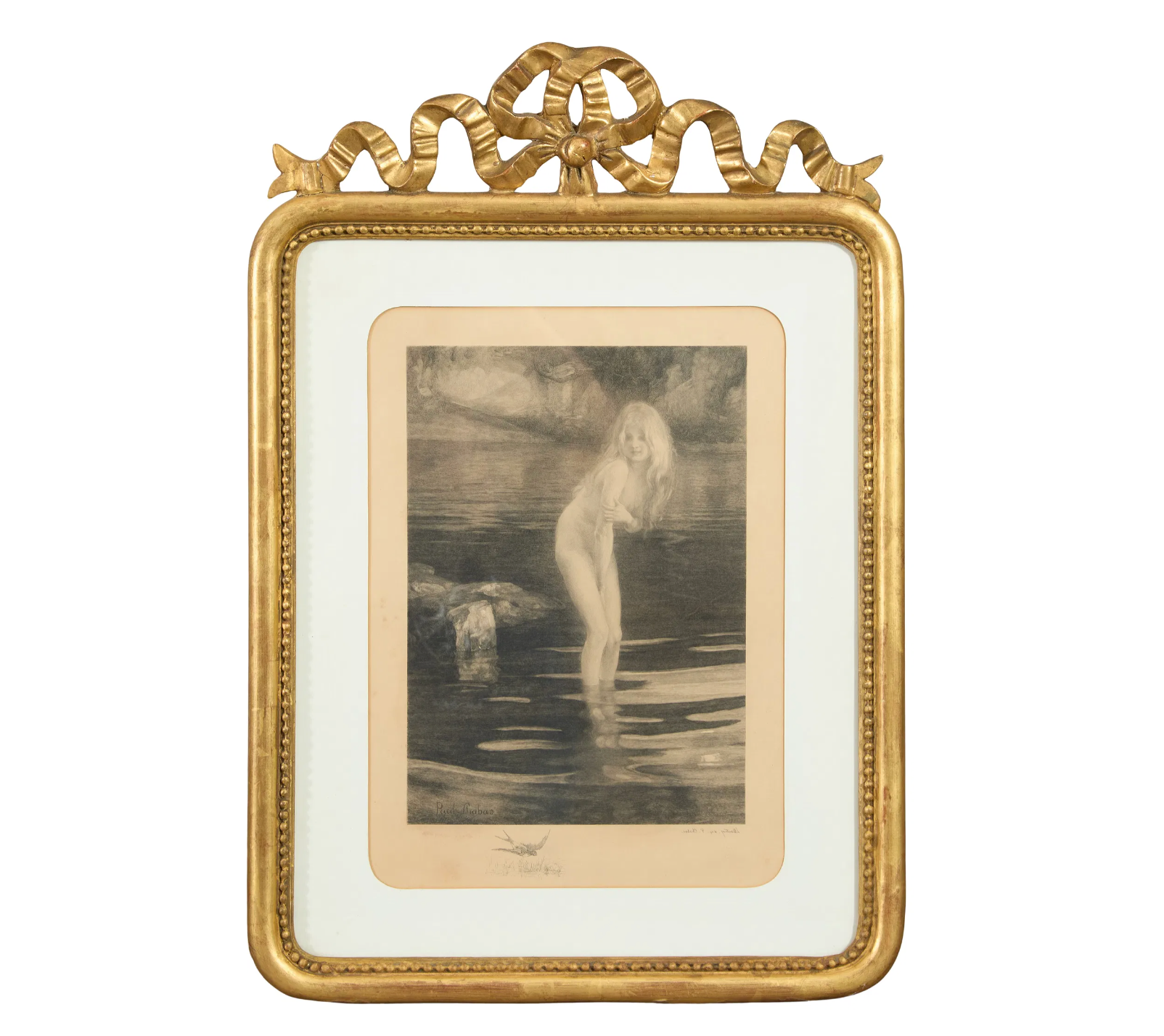 Gold-framed artwork with a nude figure in water 