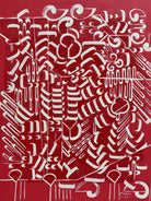 An abstract oil painting on maple board with red background and white intricate patterns by Austin artist Robert Wymer.