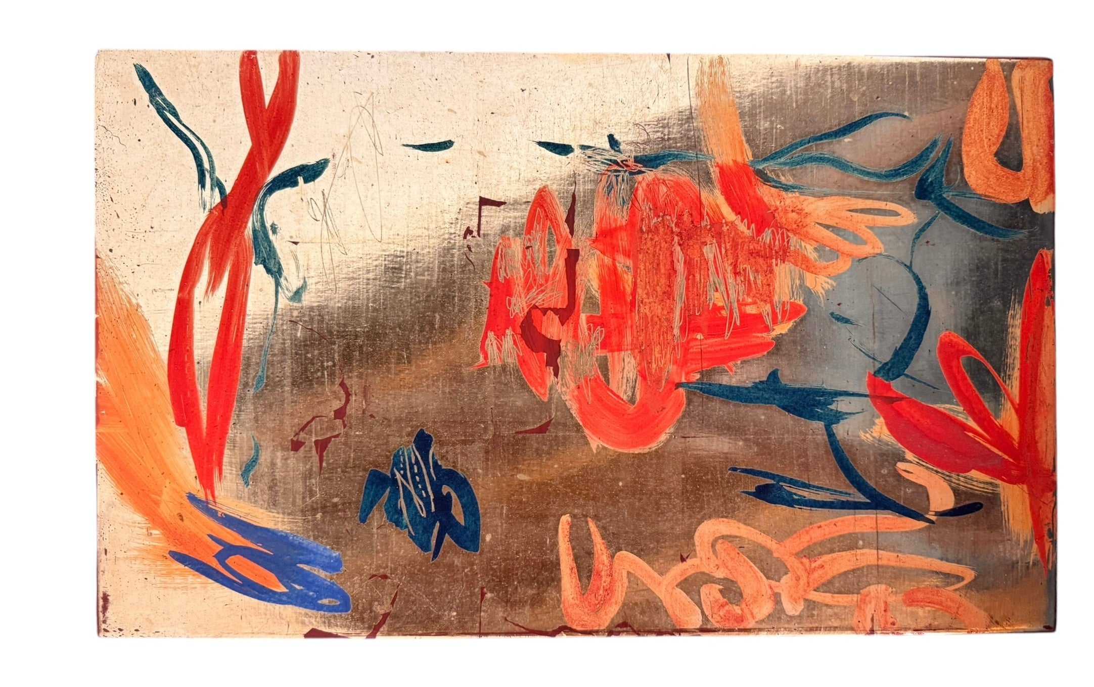 A vertical composition on a bright, reflective metallic background (likely silver or light gold leaf). The piece is defined by sparse, high-energy gestures: a sweeping arc of orange and red at the top, a central cluster of textured red paint, and a scattering of teal-blue "C" shapes and hooks. The metallic surface is highly visible, giving the piece a luminous, modern feel.