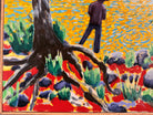 A vibrantly colored landscape painting titled 'Perdernales Falls Fisherman,' featuring two large trees with prominent exposed roots framing a body of water. A lone figure, a fisherman, stands by the water in the middle ground. The painting uses bold strokes of yellow, green, red, and blue, and is enclosed in a rustic dark wooden frame with a light-colored inner mat.