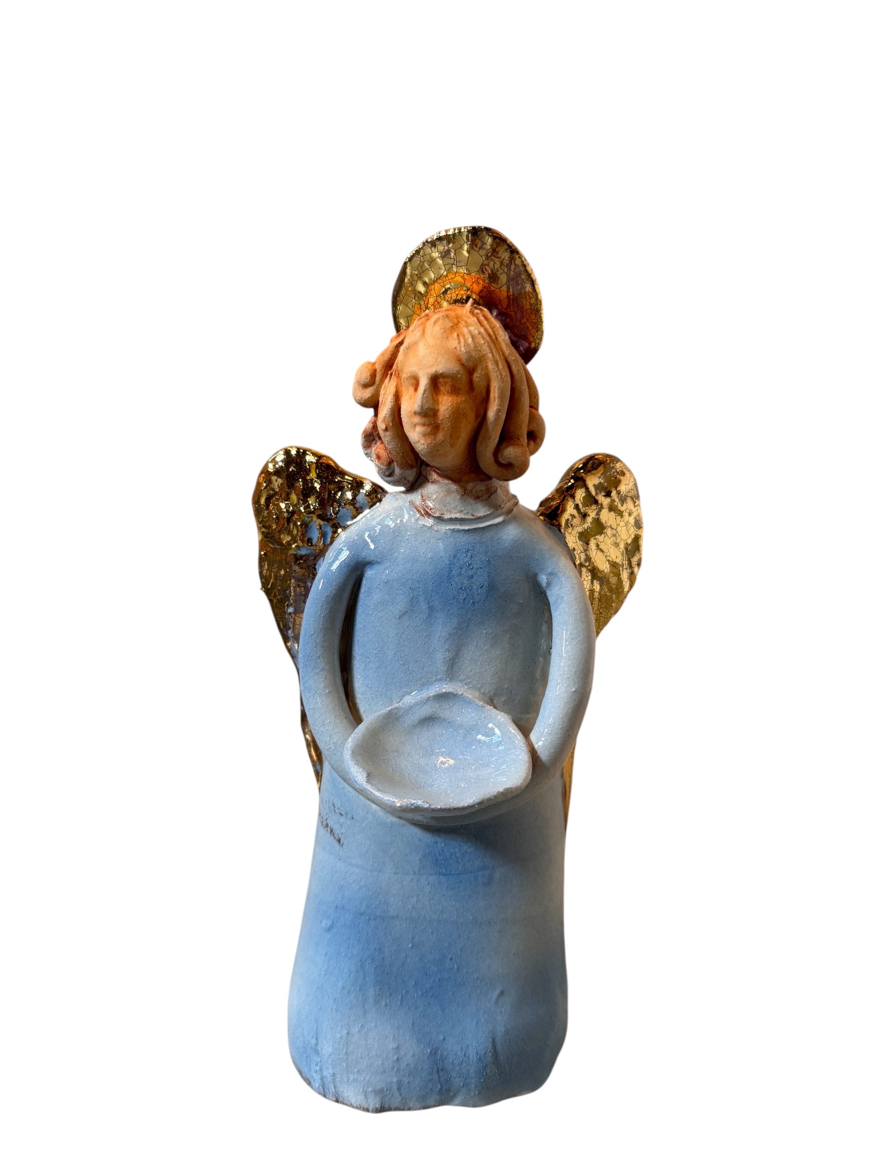 Angeli by Dominico Pinto, Angels, Sculptures, Table top ornaments, Gold accents, blue and white, geometric quilting, ceramic, folk art