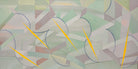 An abstract, horizontally oriented geometric oil painting framed in light natural wood. The composition features a complex, cubist-like lattice of interlocking planes, sharp angles, and transparent shards rendered in a soft, muted palette of pastel greens, lavender-grays, pale blues, and subtle pinks. Intersecting this subdued background are thin, dark blue sweeping arcs that trace circular movements across the canvas. Piercing through the composition are several sharp, dynamic, bright yellow shards shaped 