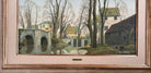 A naturalistic landscape oil painting by Michael Reilly titled "Mill Pond with Bridge" depicts a small town scene with a stone bridge over a mill pond, several buildings, and numerous bare trees under a grey sky
