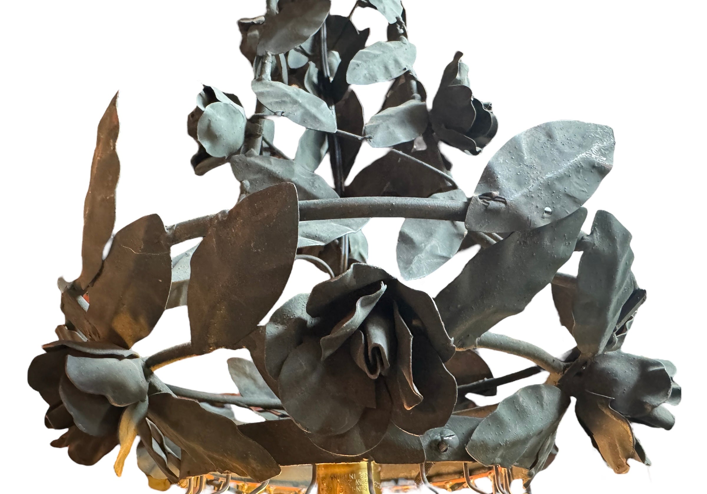 Toleware Lighting Fixtures, Chandelier, Vine shape, glass floral accents, metal, multicolored frosted glass, tole light