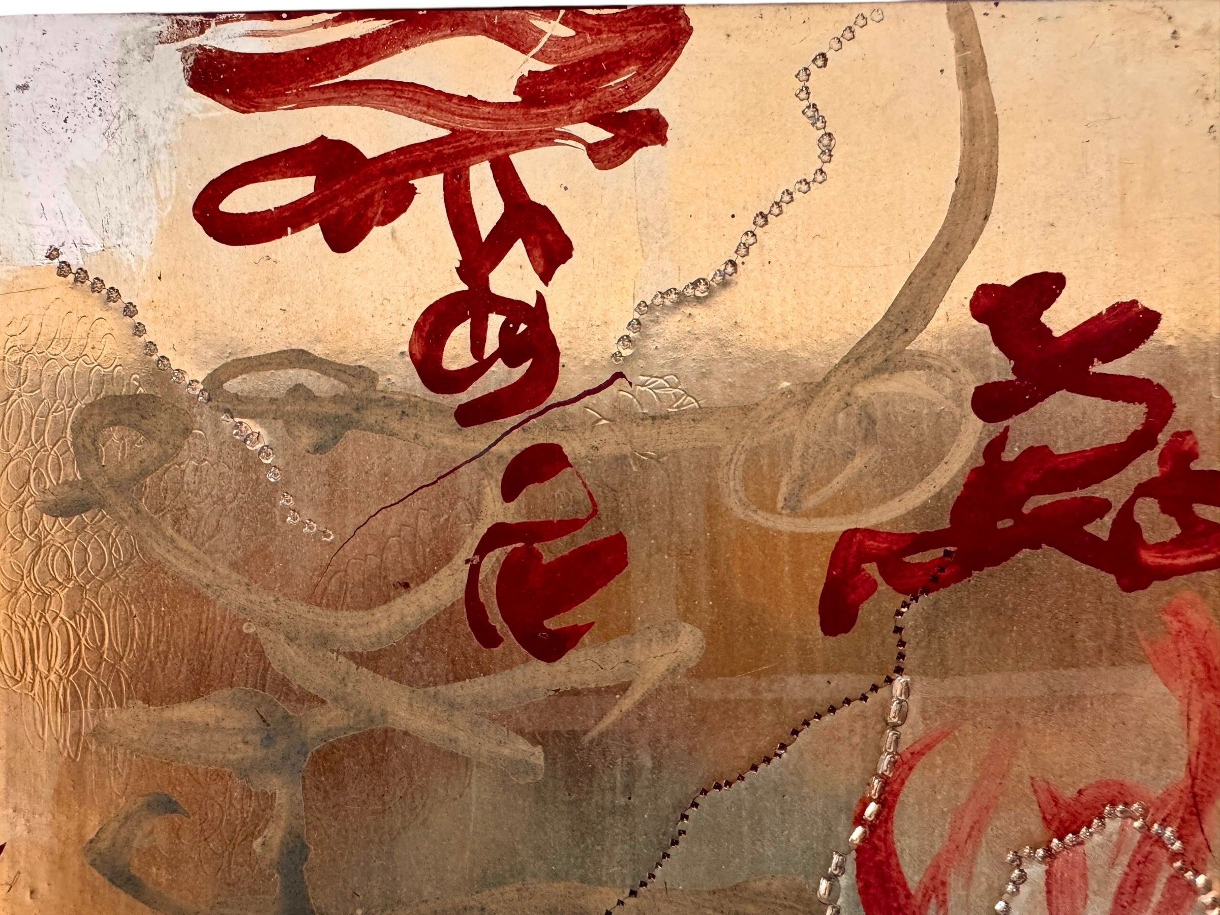 A vertical abstract work on a weathered gold-leaf panel. The upper section features bold, dark red calligraphic symbols resembling distorted kanji or script. Below, delicate, dotted white lines wind through the composition like strings of pearls or constellations. A slender, vertical form in vibrant red stands on the right, while muted, smoky-grey washes of paint ground the bottom of the piece.
