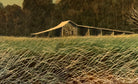 An oil painting on a wooden panel depicts a solitary scarecrow standing in a vast, grassy field under a pale yellow and blue sky. The scarecrow is shown from a three-quarters back view, wearing a brimmed hat and a tattered, patched brown coat with frayed straw bursting from its sleeves and edges. In the far left background, a long, white rustic barn sits before a dense line of green trees. The entire piece is enclosed in a thick, weathered, natural wood frame.